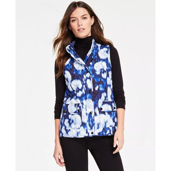 Jones New York Womens Printed Quilted Patch-Pocket Snap/Zipper Vest Blue XS NWOT - Picture 3 of 3